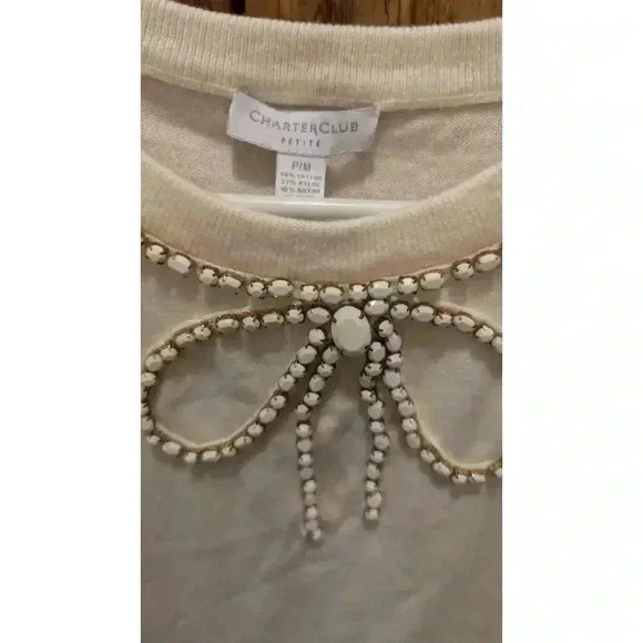 Women's cream sweater w/ pretty beaded bow detail by Charter Club Petite size PM - Picture 2 of 6
